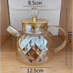 Glass Tea Kettle with Bamboo Lid Diamond Cut Design Heat Resistant - Image 2