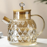 Glass Tea Kettle with Bamboo Lid Diamond Cut Design Heat Resistant