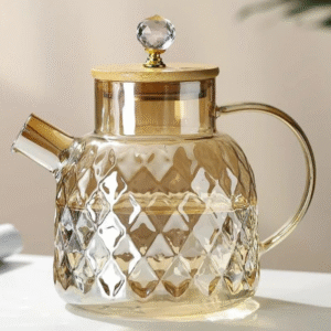 Glass Tea Kettle with Bamboo Lid Diamond Cut Design Heat Resistant