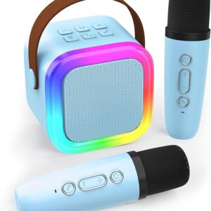 Kids & Adults Mini Karaoke Machine - Portable Bluetooth Speaker with Dual Wireless Microphones - Perfect for Parties & Gifts (Blue)