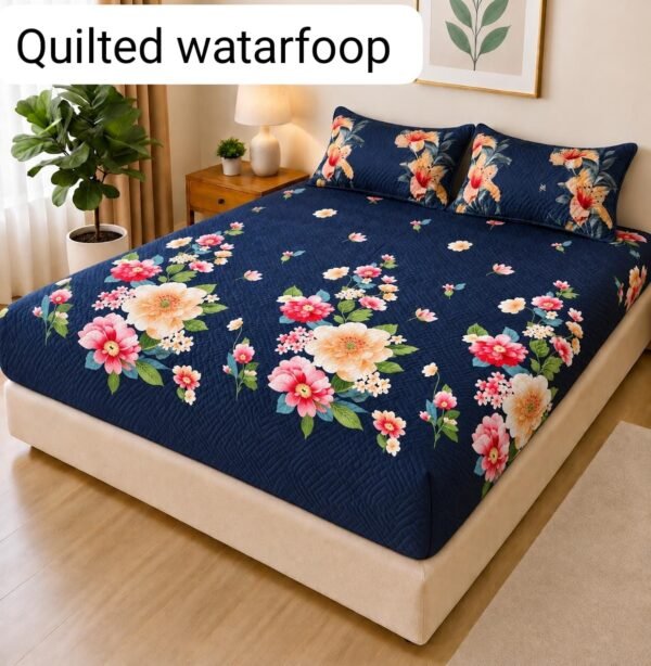 Quilted Printed Waterproof Mattress Cover Double Size - Brown Rose Floral design