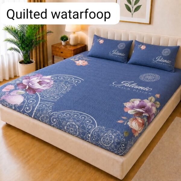 Quilted Printed Waterproof Mattress Cover Double Size - Grey Blue Floral design