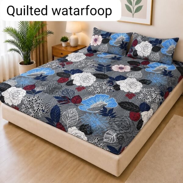 Quilted Printed Waterproof Mattress Cover Double Size - Navy Medallion Floral design