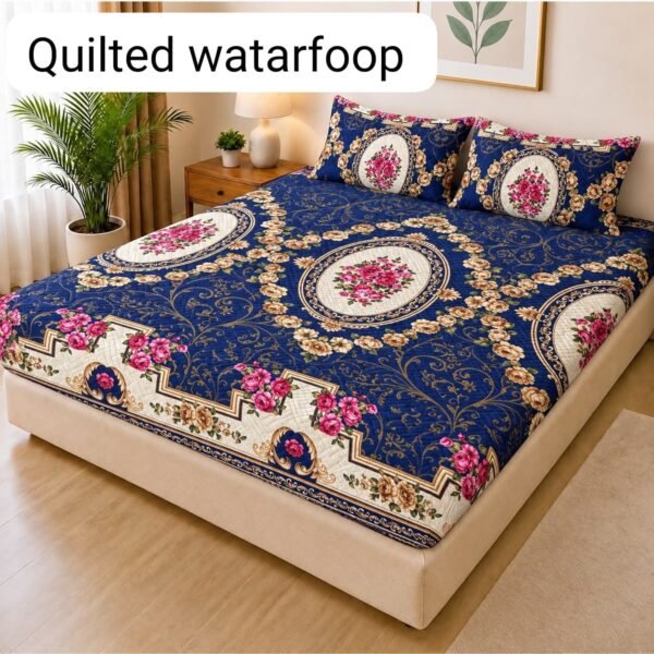 Quilted Printed Waterproof Mattress Cover Double Size - Royal Blue Floral design
