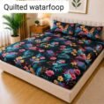 Quilted Printed Waterproof Mattress Cover Double Size - Black Tropical Floral design