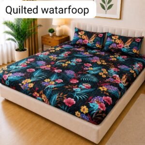 Quilted Printed Waterproof Mattress Cover Double Size - Black Tropical Floral design