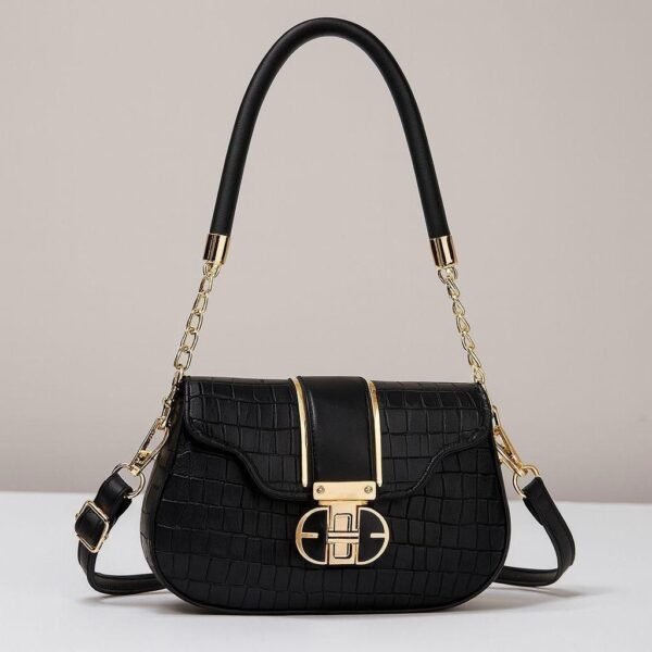 Black Croc Texture Crossbody Bag with Chain Strap - Women Saddle Bag