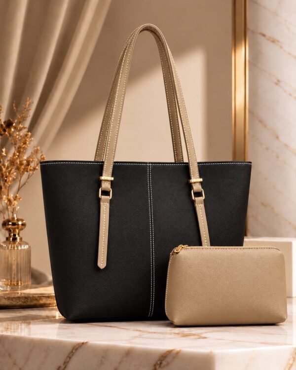 Black & Beige Two-Tone Tote with Pouch - Women's 2 Piece Bag Set