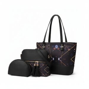 Geometric Print 3 Piece Handbag Set for Women - Tote, Shoulder Bag & Pouch