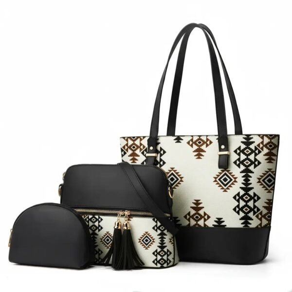 Geometric Print 3 Piece Handbag Set for Women - Tote, Shoulder Bag & Pouch