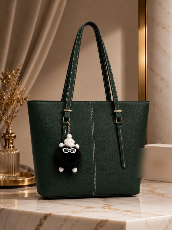 Classic Tote Bag with Fur Keychain - Women Shoulder Handbag