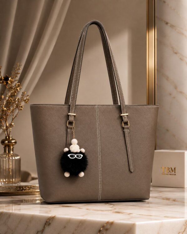Classic Tote Bag with Fur Keychain - Women Shoulder Handbag