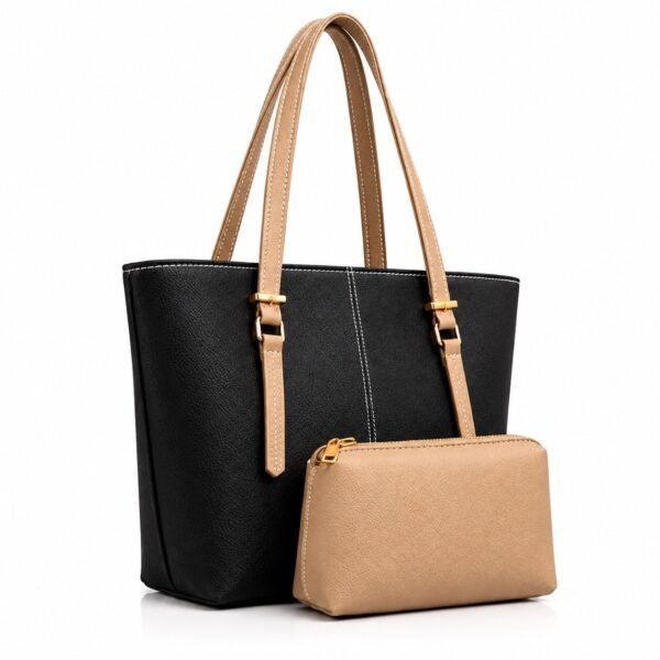 Black & Beige Two-Tone Tote with Pouch - Women's 2 Piece Bag Set
