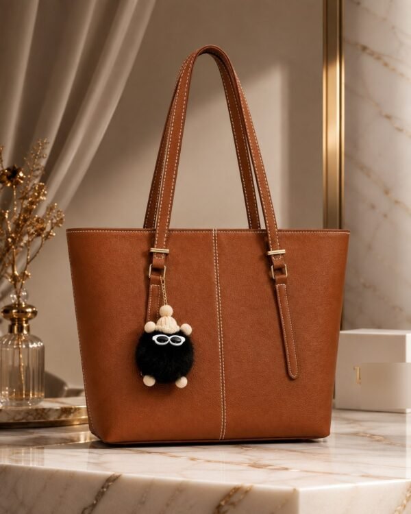 Classic Tote Bag with Fur Keychain - Women Shoulder Handbag