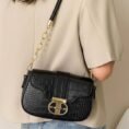 Black Croc Texture Crossbody Bag with Chain Strap - Women Saddle Bag