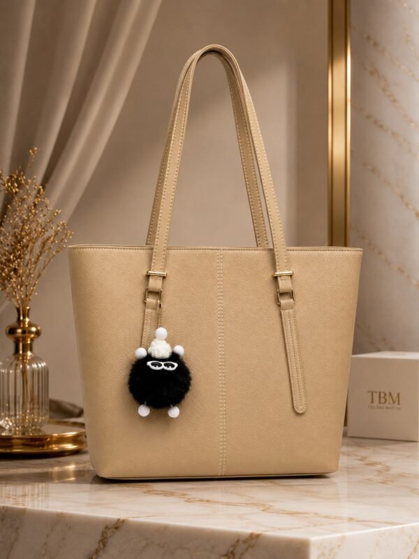 Classic Tote Bag with Fur Keychain - Women Shoulder Handbag