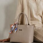 Tote Bag with Printed Scarf Ribbon - Elegant Women Handbag