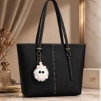 Classic Tote Bag with Fur Keychain - Women Shoulder Handbag