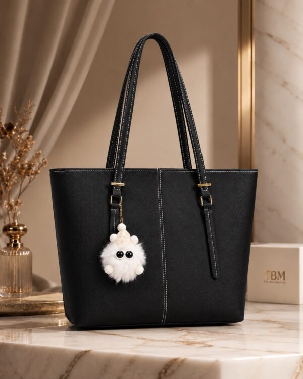 Classic Tote Bag with Fur Keychain - Women Shoulder Handbag