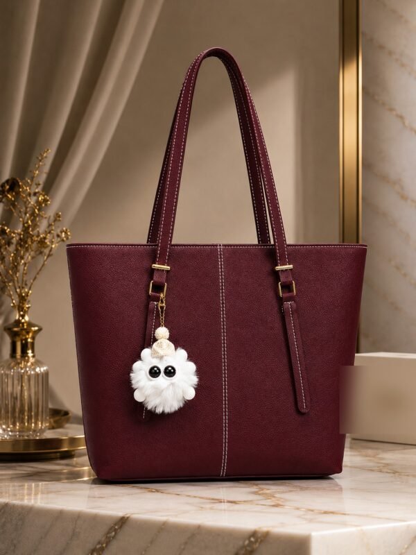Classic Tote Bag with Fur Keychain - Women Shoulder Handbag