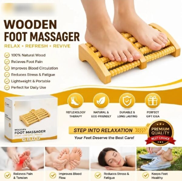 Wooden Foot Massager Roller - 6 Roller Stress Relief Reflexology Tool