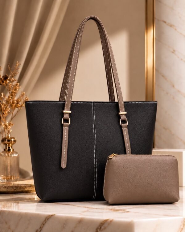 Black & Beige Two-Tone Tote with Pouch - Women's 2 Piece Bag Set