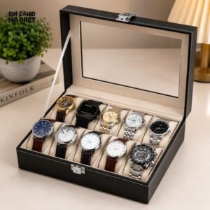 12-SLOT LEATHER WATCH STORAGE ORGANIZER BOX WITH DISPLAY LID - High Quality