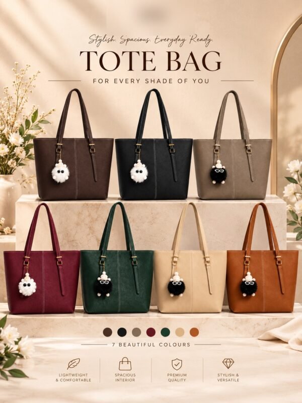 Classic Tote Bag with Fur Keychain - Women Shoulder Handbag