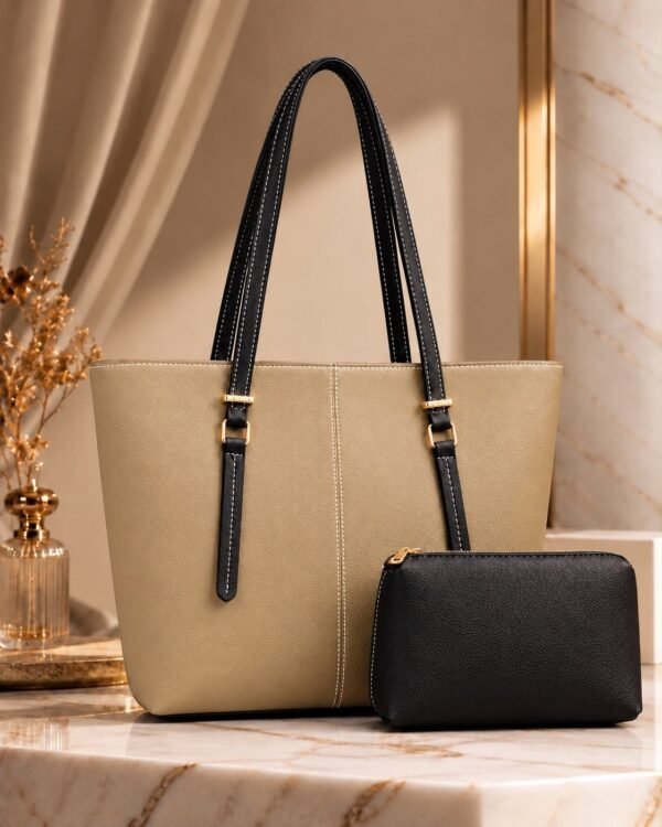 Black & Beige Two-Tone Tote with Pouch - Women's 2 Piece Bag Set