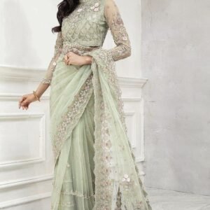 Luxury Embroidered Net Saree Set for Women - Mint Green - view 1