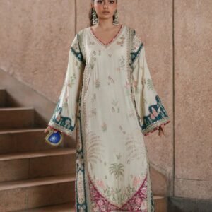 Embroidered Silk Kaftan Style Unstitched Suit for Women - Ivory Cream with Multicolor Border - view 1
