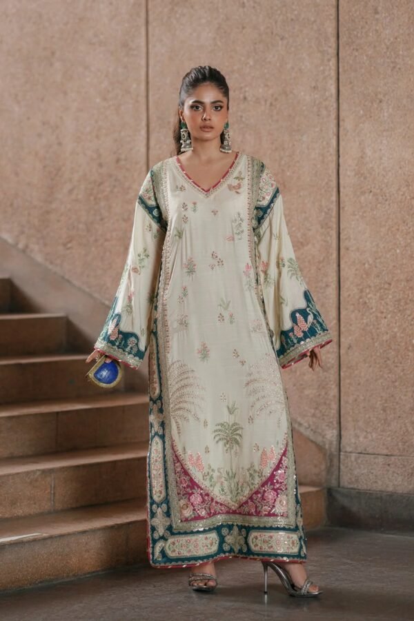 Embroidered Silk Kaftan Style Unstitched Suit for Women - Ivory Cream with Multicolor Border - view 1