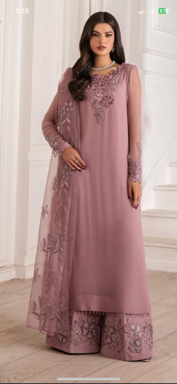 Embroidered Chiffon 3-Piece Unstitched Suit for Women - Rose Pink - view 1