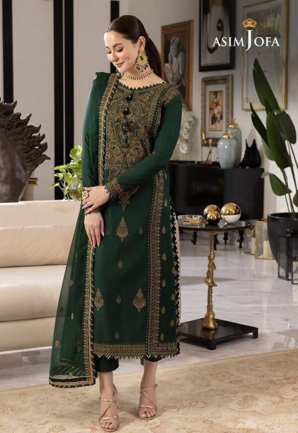 Embroidered Chiffon 3-Piece Unstitched Suit for Women - Bottle Green with Gold Work - view 1