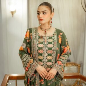Embroidered Silk 3-Piece Unstitched Suit for Women - Emerald Green Floral - view 2