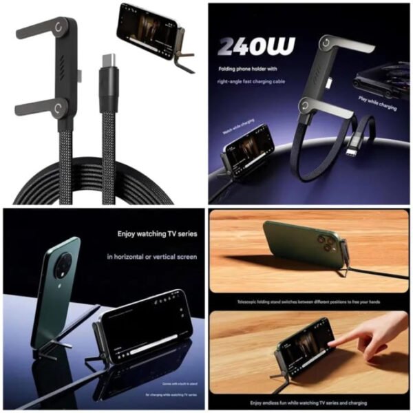 240W Quick Charging Cable with Invisible Holder 2 in 1 USB Cable Foldable Phone Stand