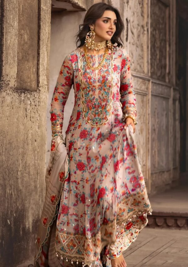 Floral Printed Embroidered Chiffon 3-Piece Unstitched Suit for Women - Multicolor - view 2