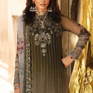 Luxury Embroidered Chiffon 3-Piece Unstitched Suit for Women - Olive Grey - view 2