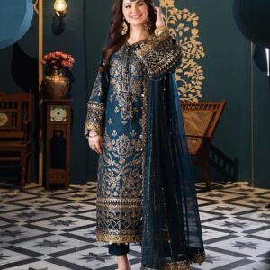 Embroidered Chiffon 3-Piece Unstitched Suit for Women - Teal Blue with Gold Work - view 1