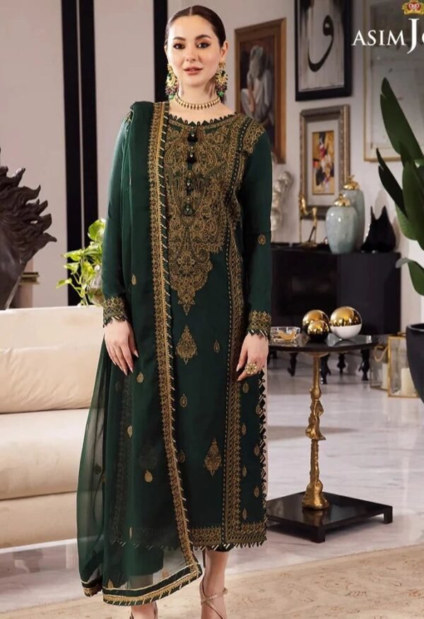 Embroidered Chiffon 3-Piece Unstitched Suit for Women - Bottle Green with Gold Work - view 2