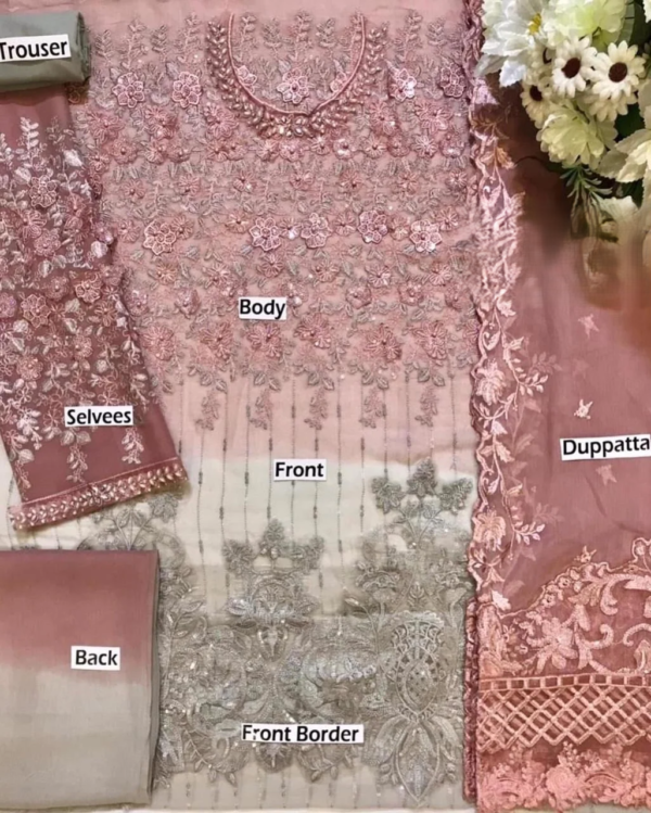 3.png Embroidered Chiffon 3-Piece Unstitched Wedding Suit for Women - Dusty Rose - view 3