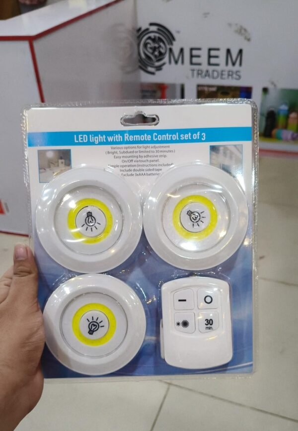 3 piece wireless tap LED light with remote control for cupboard and wardrobe