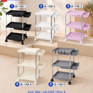 3-tier rolling storage cart with 2 drawers, hooks, and locking wheels - for Home Use