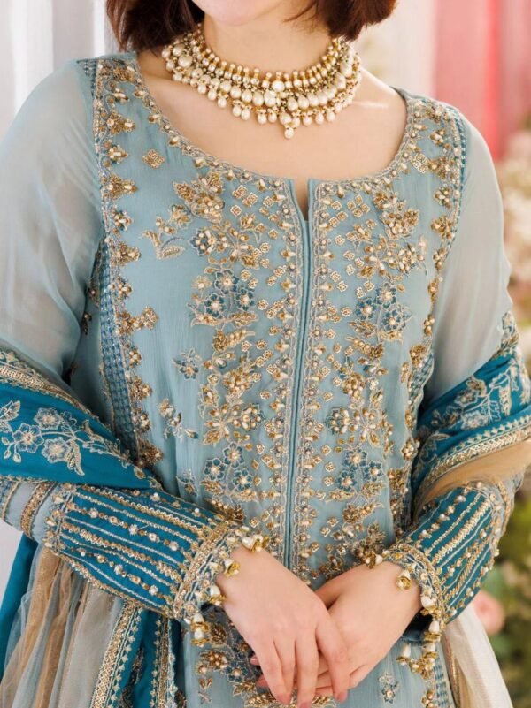 Luxury Embroidered Chiffon 3-Piece Unstitched Suit for Women - Sky Blue - view 4