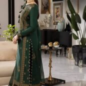 Embroidered Chiffon 3-Piece Unstitched Suit for Women - Bottle Green with Gold Work - view 3