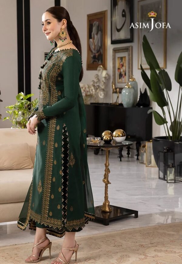 Embroidered Chiffon 3-Piece Unstitched Suit for Women - Bottle Green with Gold Work - view 3