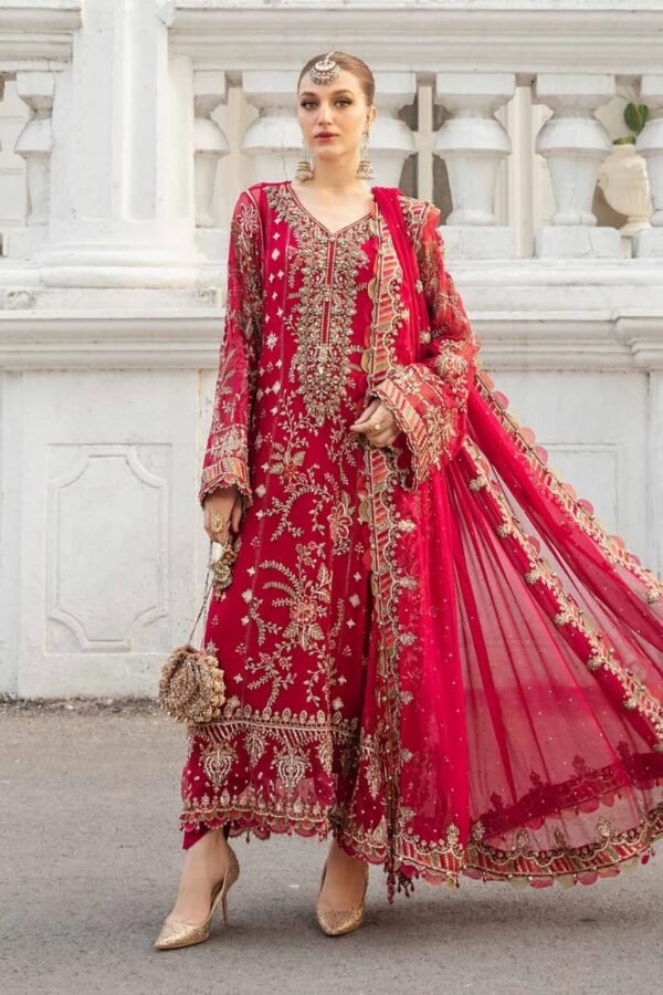 Luxury Embroidered Chiffon 3-Piece Unstitched Wedding Suit for Women - Bridal Red - view 1