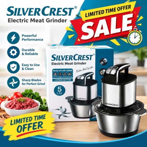 5 Litre Silver Crest Rechargeable Meat Chopper with 5 Blades Options and 2 Speed (Deluxe Quality)
