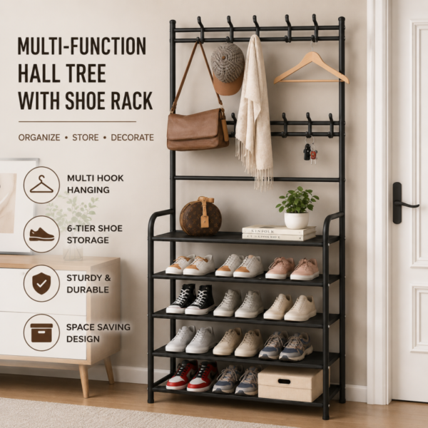 5 Tier Coat and Shoe Rack with Storage Shelf Hooks Freestanding Organizer for Entryway Bedroom - Durable Design