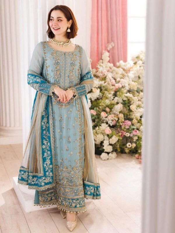Luxury Embroidered Chiffon 3-Piece Unstitched Suit for Women - Sky Blue - view 8
